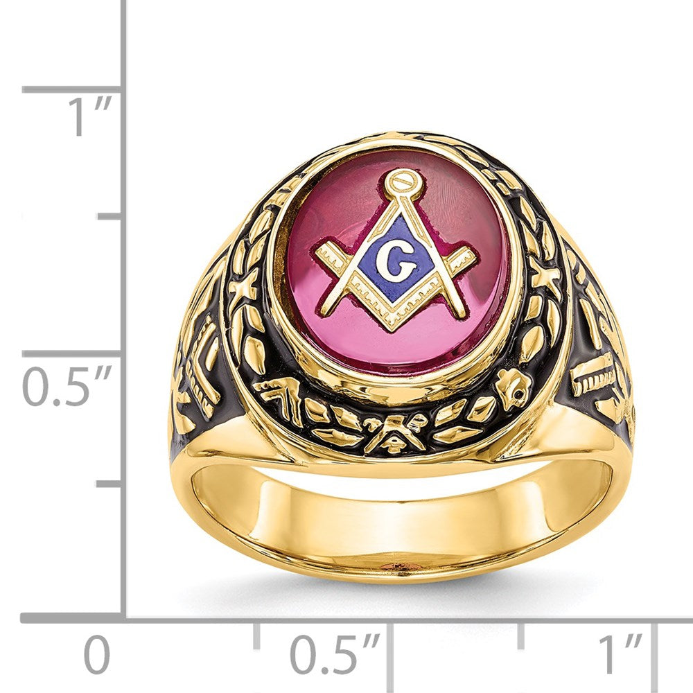 14k Yellow Gold Mens Polished Antiqued and Textured with Lab Created Ruby Masonic Ring