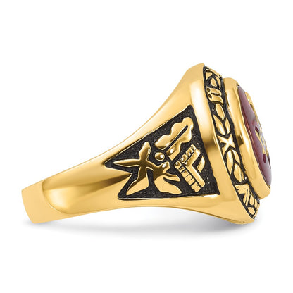 14k Yellow Gold Mens Polished Antiqued and Textured with Lab Created Ruby Masonic Ring