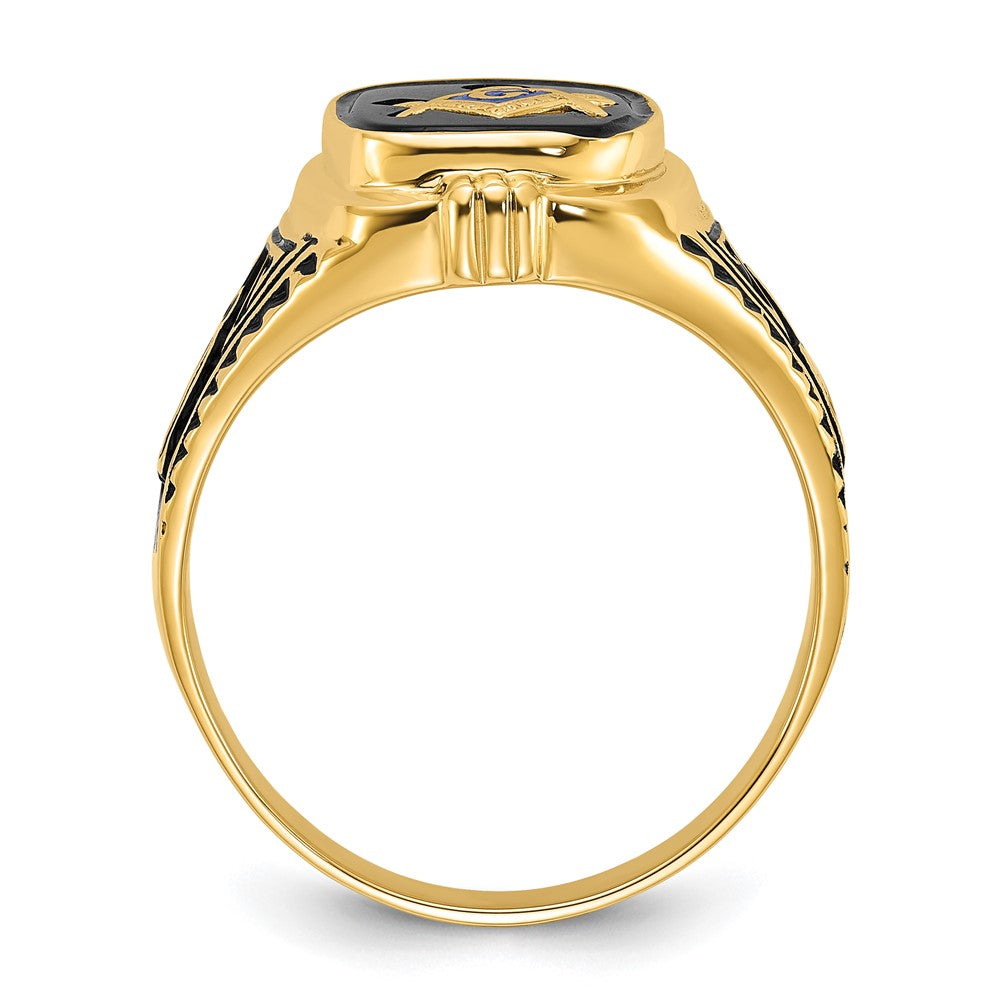 14k Yellow Gold Mens Polished Antiqued and Textured with Onyx Masonic Ring