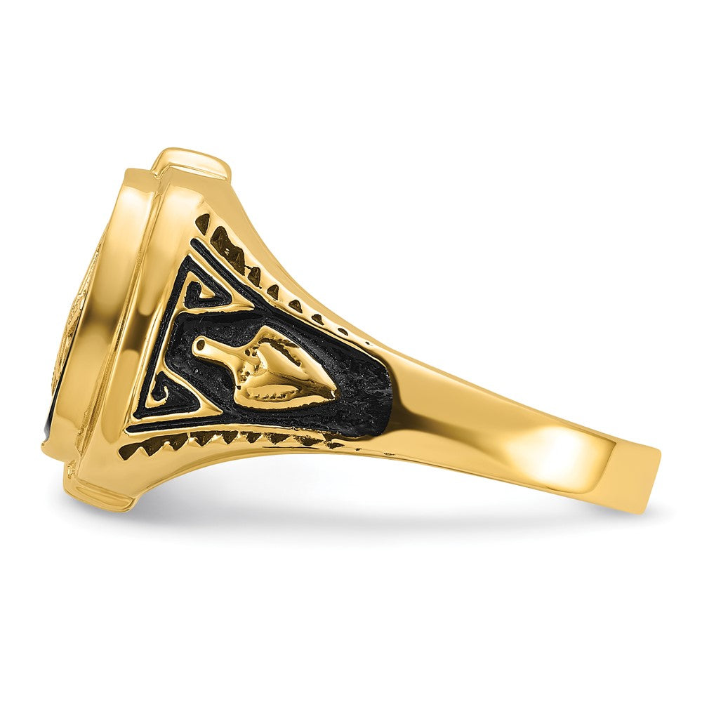 14k Yellow Gold Mens Polished Antiqued and Textured with Onyx Masonic Ring