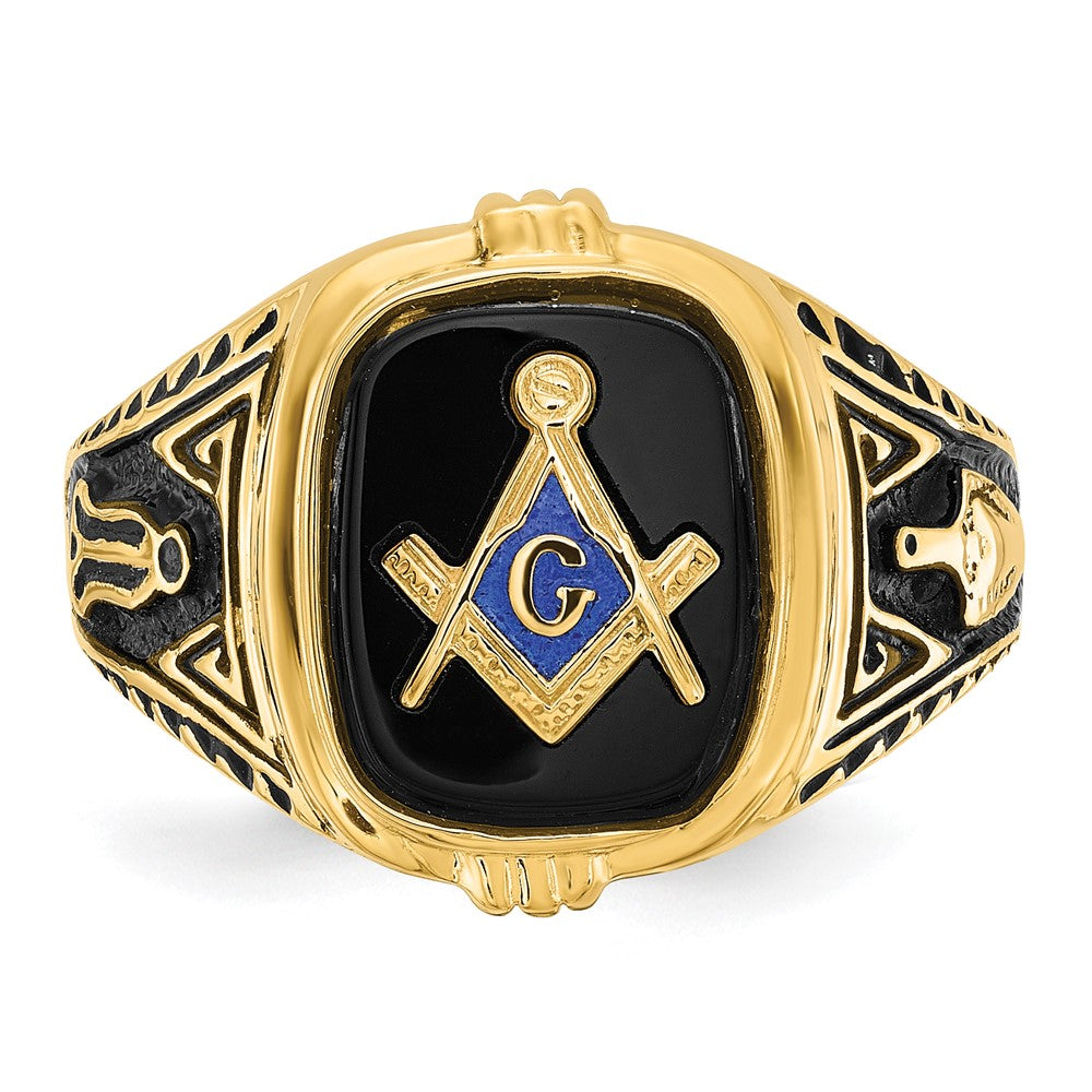 14k Yellow Gold Mens Polished Antiqued and Textured with Onyx Masonic Ring