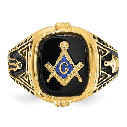 14k Yellow Gold Mens Polished Antiqued and Textured with Onyx Masonic Ring