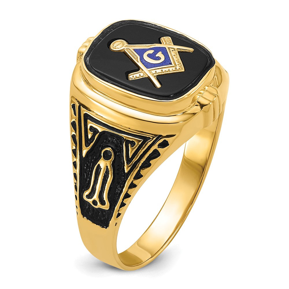 14k Yellow Gold Mens Polished Antiqued and Textured with Onyx Masonic Ring