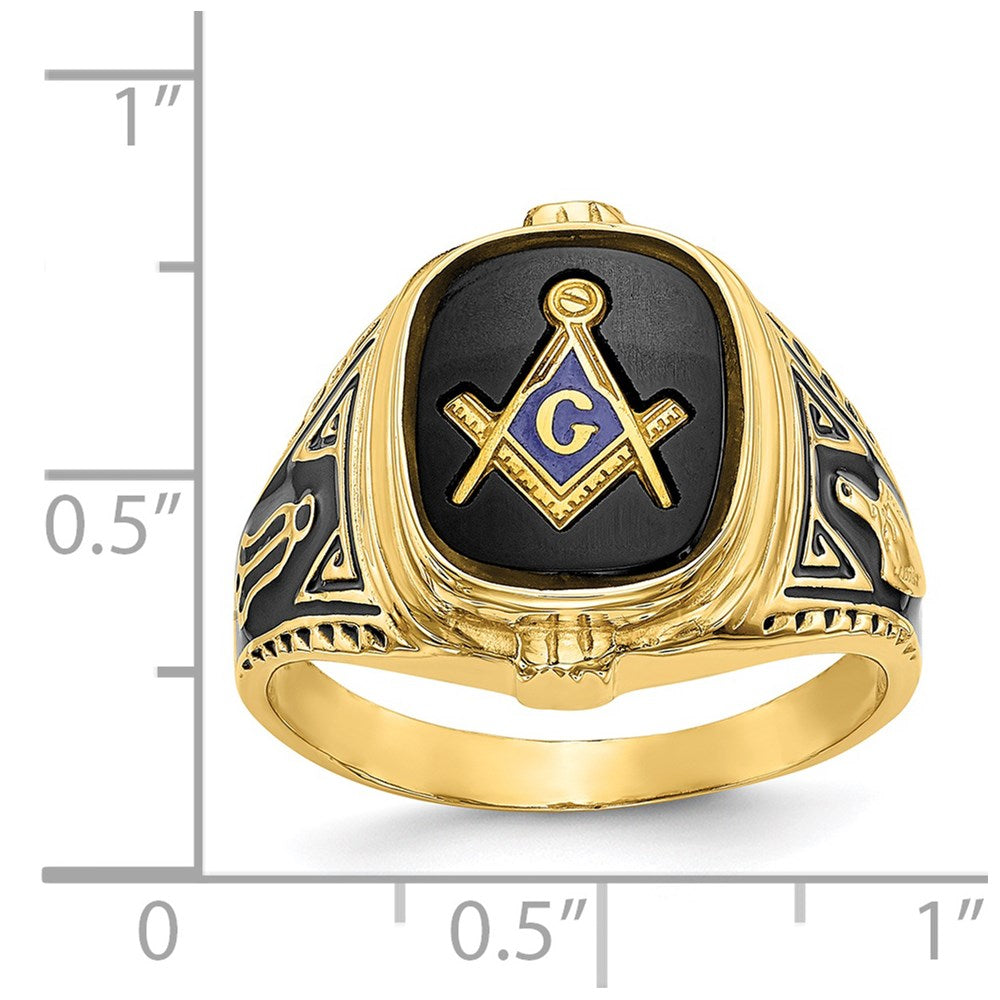 14k Yellow Gold Mens Polished Antiqued and Textured with Onyx Masonic Ring