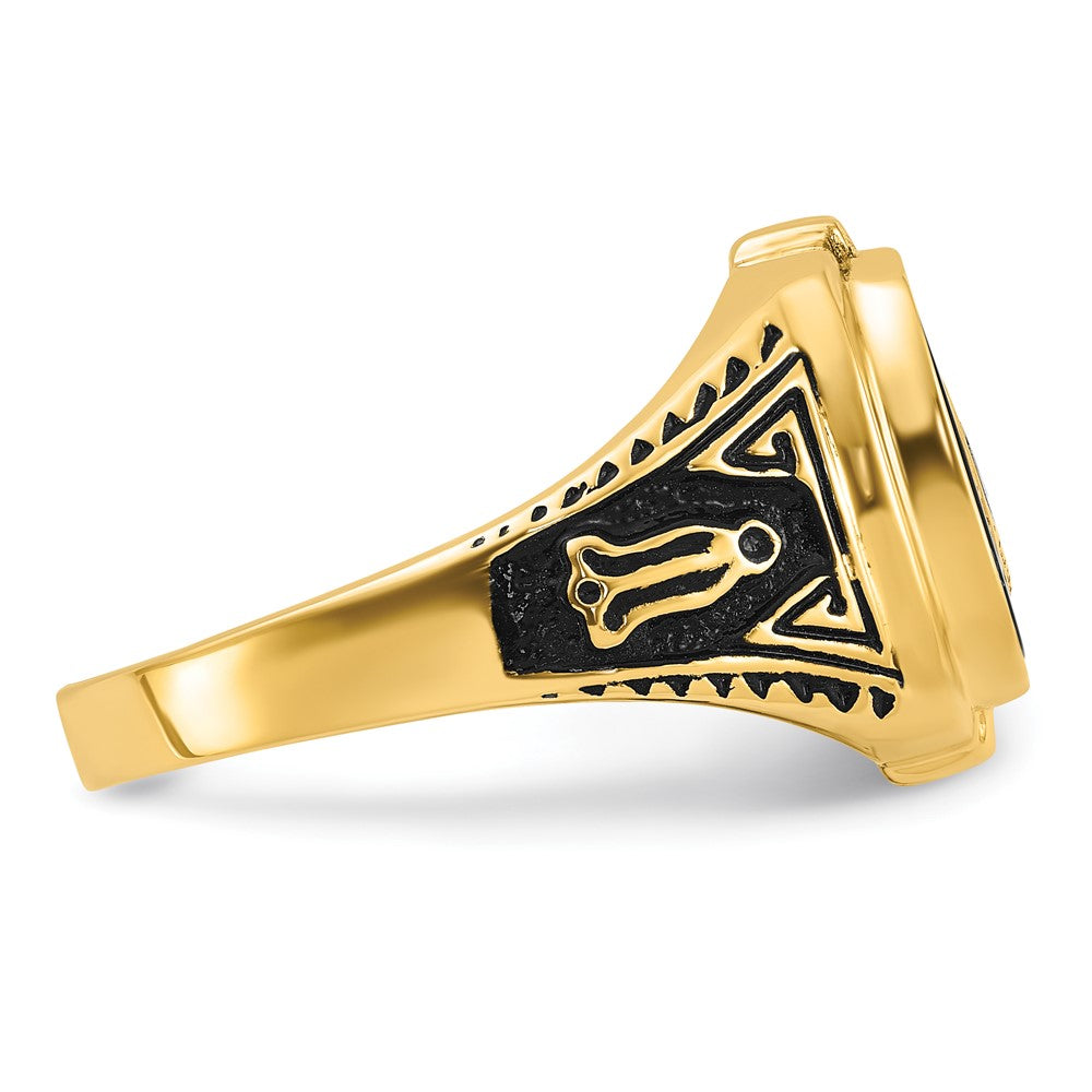 14k Yellow Gold Mens Polished Antiqued and Textured with Onyx Masonic Ring