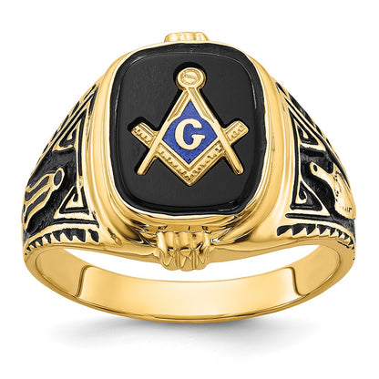 14k Yellow Gold Mens Polished Antiqued and Textured with Onyx Masonic Ring