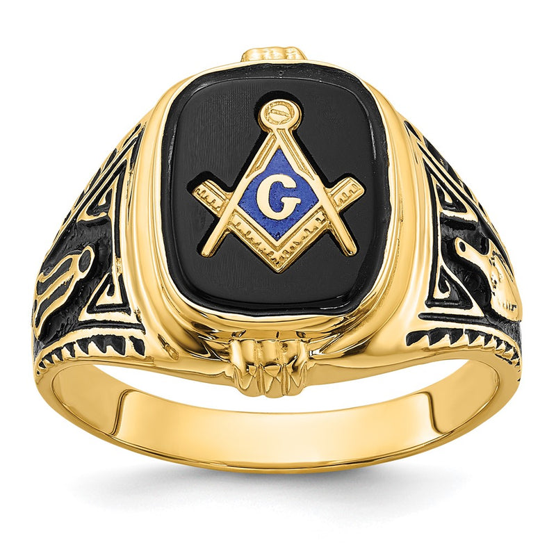 14k Yellow Gold Mens Polished Antiqued and Textured with Onyx Masonic Ring