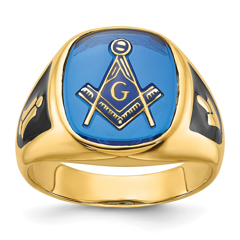14k Yellow Gold Mens Polished and Textured with Black Enamel and Imitation Blue Spinel Masonic Ring