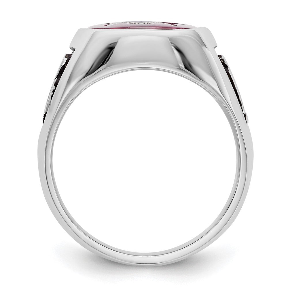 14k White Gold Mens Polished and Textured with Black Enamel and Lab Created Ruby Masonic Ring