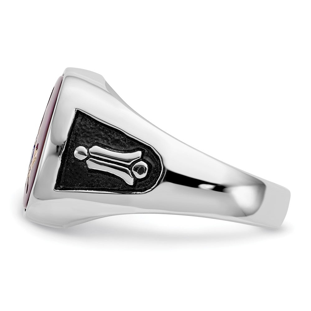 14k White Gold Mens Polished and Textured with Black Enamel and Lab Created Ruby Masonic Ring