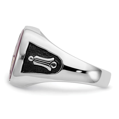 14k White Gold Mens Polished and Textured with Black Enamel and Lab Created Ruby Masonic Ring