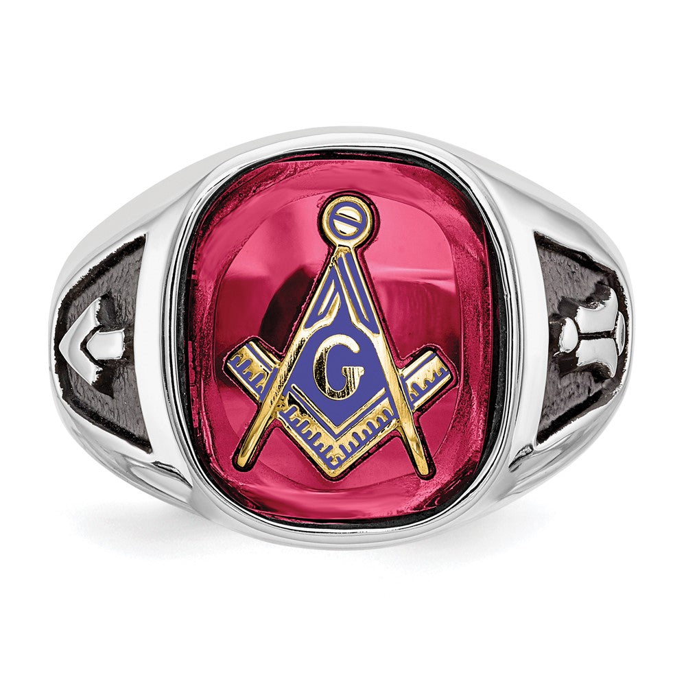 14k White Gold Mens Polished and Textured with Black Enamel and Lab Created Ruby Masonic Ring
