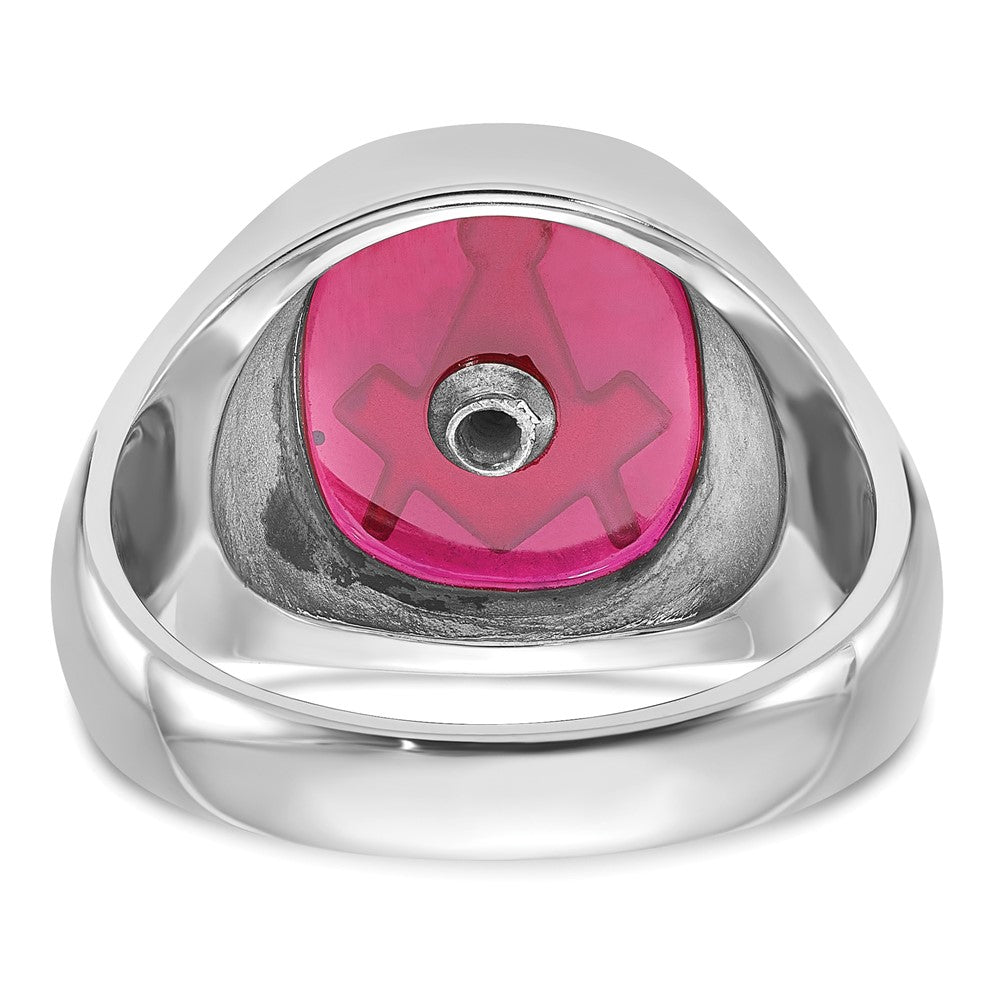 14k White Gold Mens Polished and Textured with Black Enamel and Lab Created Ruby Masonic Ring