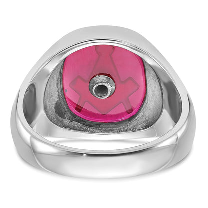 14k White Gold Mens Polished and Textured with Black Enamel and Lab Created Ruby Masonic Ring
