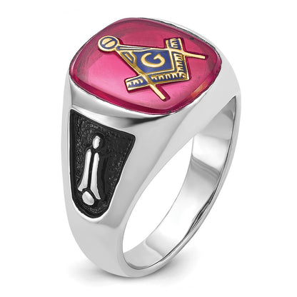 14k White Gold Mens Polished and Textured with Black Enamel and Lab Created Ruby Masonic Ring