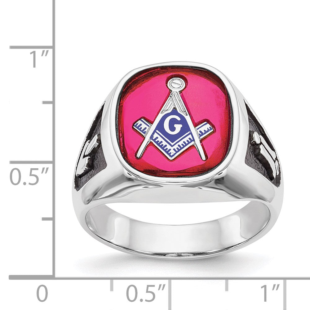 14k White Gold Mens Polished and Textured with Black Enamel and Lab Created Ruby Masonic Ring