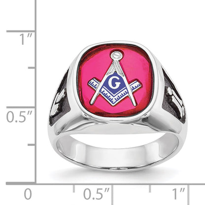 14k White Gold Mens Polished and Textured with Black Enamel and Lab Created Ruby Masonic Ring