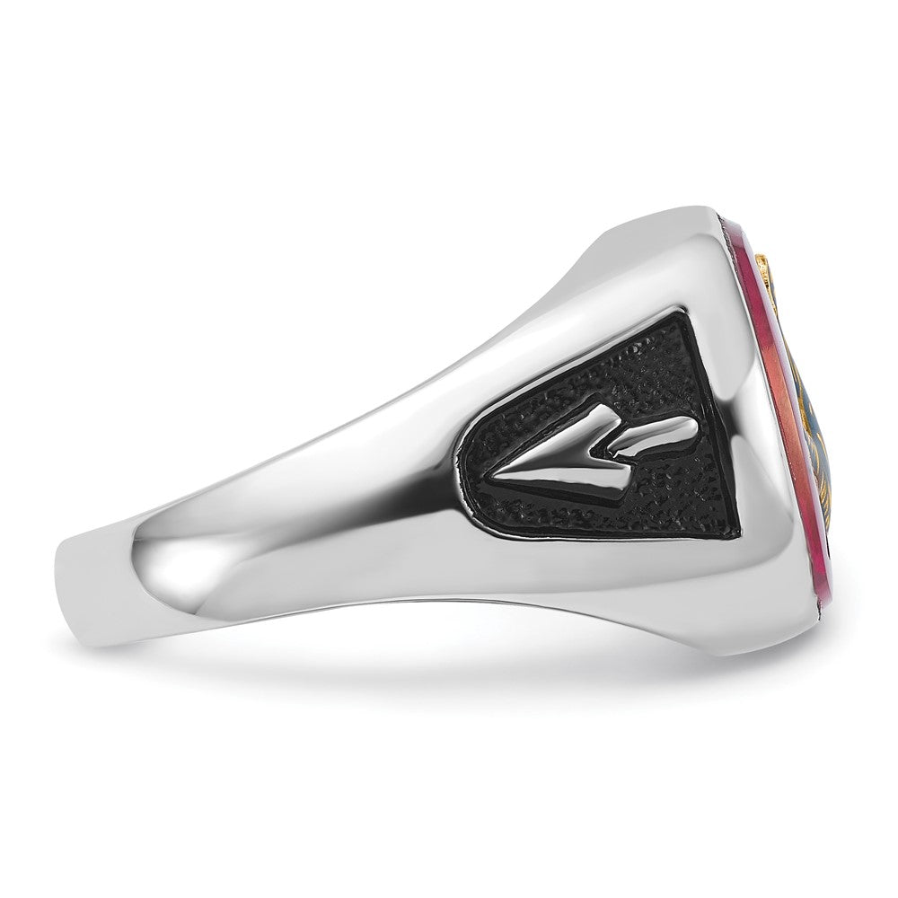 14k White Gold Mens Polished and Textured with Black Enamel and Lab Created Ruby Masonic Ring