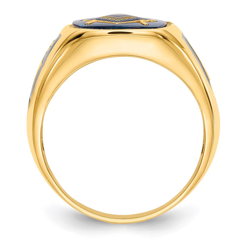 14k Yellow Gold Mens Polished Antiqued and Textured with Imitation Blue Spinel Masonic Ring