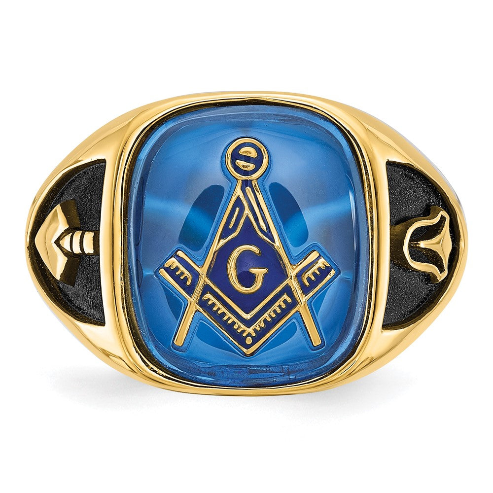 14k Yellow Gold Mens Polished Antiqued and Textured with Imitation Blue Spinel Masonic Ring