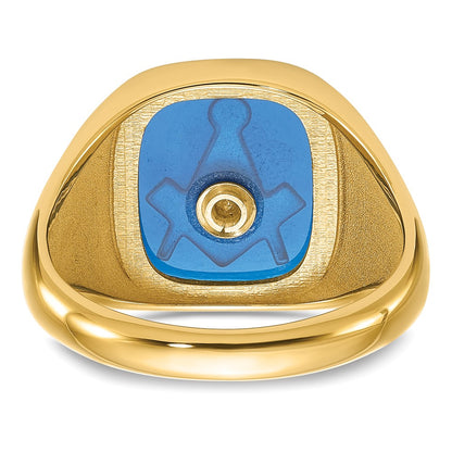 14k Yellow Gold Mens Polished Antiqued and Textured with Imitation Blue Spinel Masonic Ring