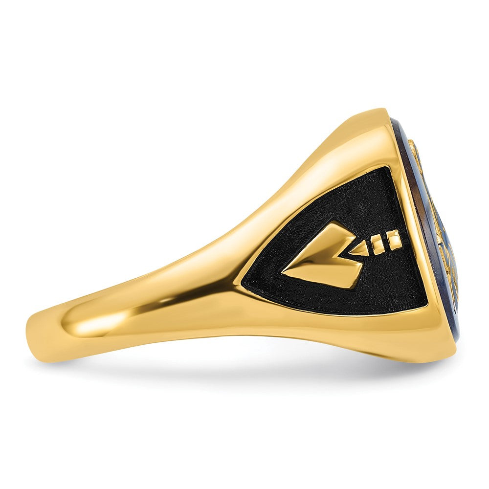 14k Yellow Gold Mens Polished Antiqued and Textured with Imitation Blue Spinel Masonic Ring