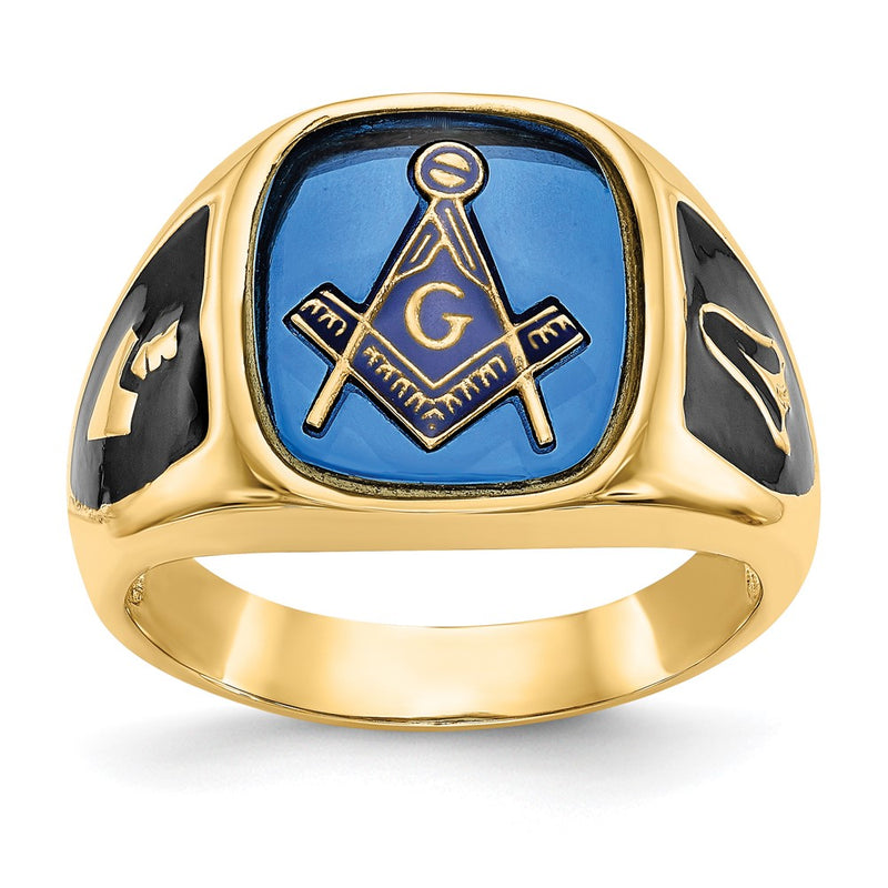 14k Yellow Gold Mens Polished Antiqued and Textured with Imitation Blue Spinel Masonic Ring