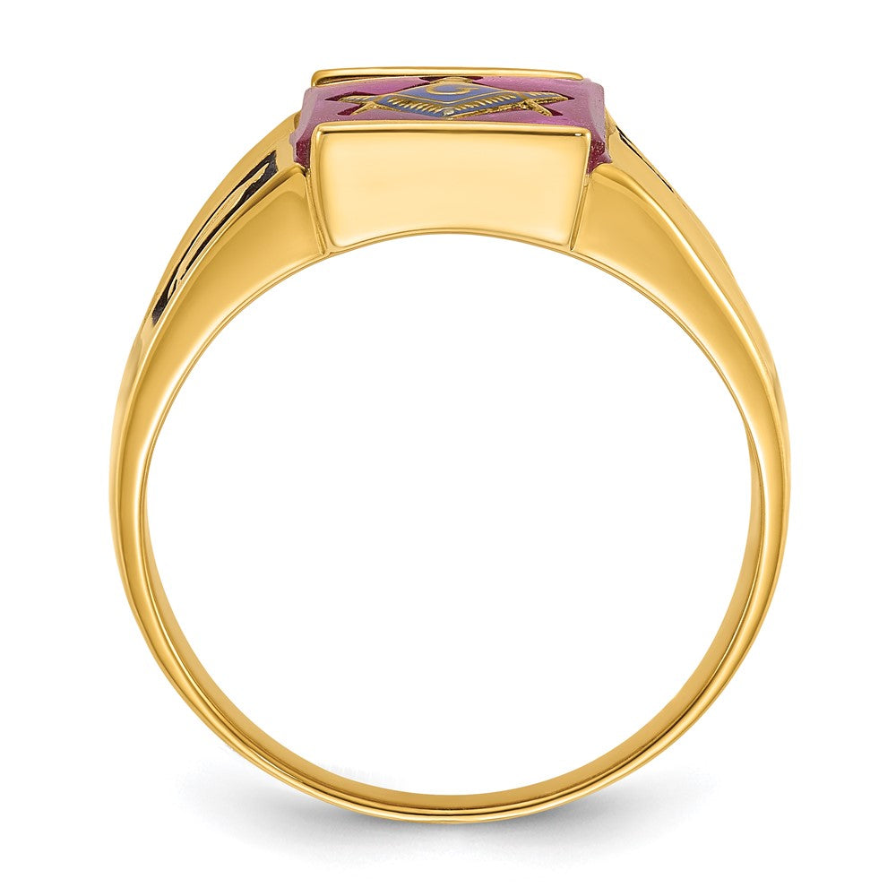 14k Yellow Gold Mens Polished and Textured with Black Enamel and Lab Created Ruby Masonic Ring