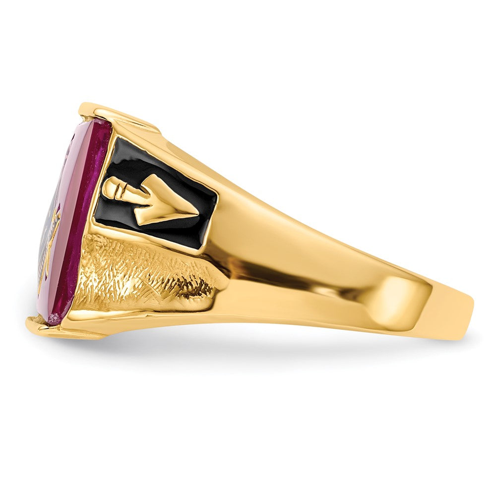 14k Yellow Gold Mens Polished and Textured with Black Enamel and Lab Created Ruby Masonic Ring