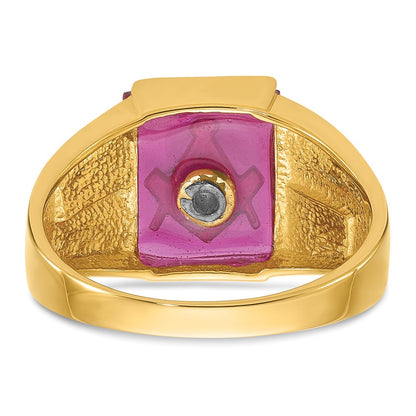 14k Yellow Gold Mens Polished and Textured with Black Enamel and Lab Created Ruby Masonic Ring