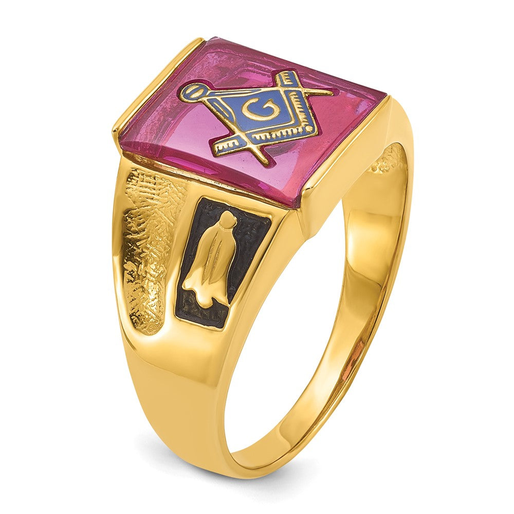 14k Yellow Gold Mens Polished and Textured with Black Enamel and Lab Created Ruby Masonic Ring