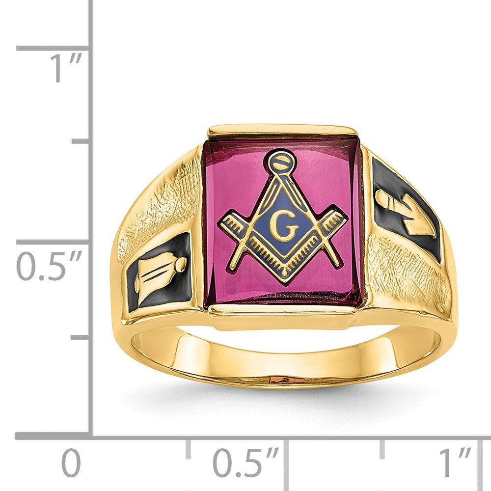 14k Yellow Gold Mens Polished and Textured with Black Enamel and Lab Created Ruby Masonic Ring