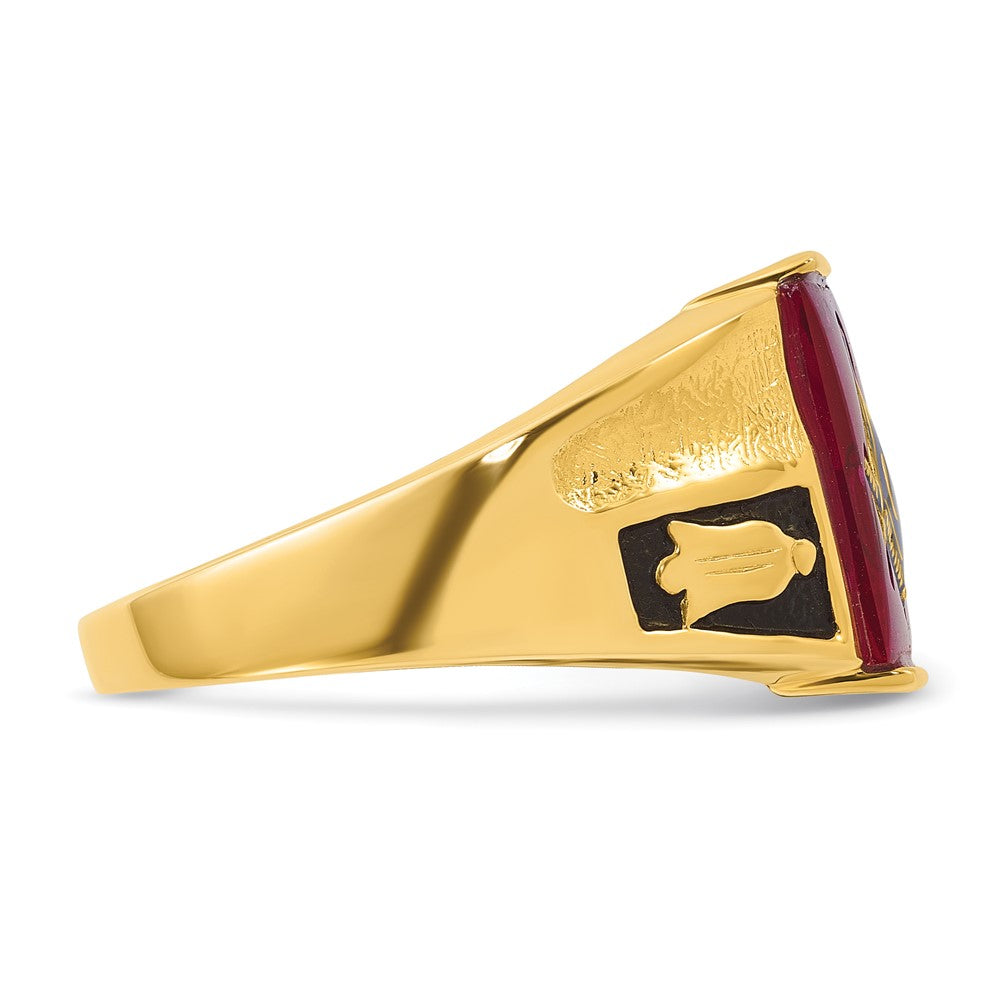 14k Yellow Gold Mens Polished and Textured with Black Enamel and Lab Created Ruby Masonic Ring