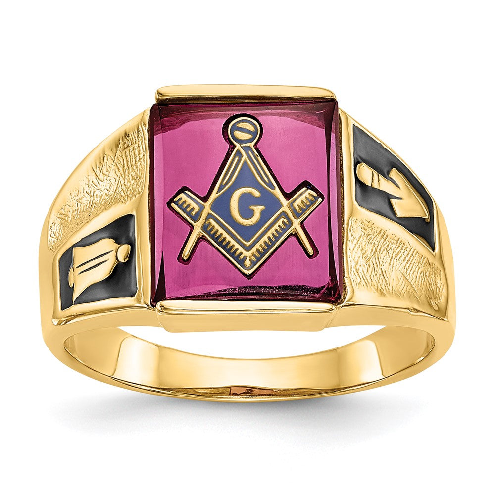 14k Yellow Gold Mens Polished and Textured with Black Enamel and Lab Created Ruby Masonic Ring