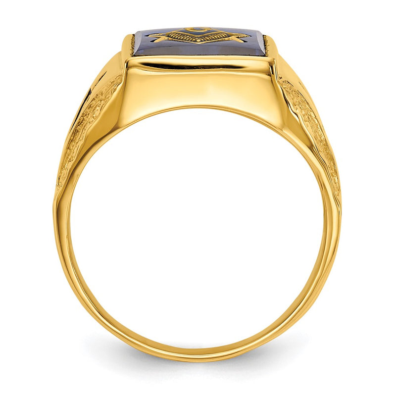14k Yellow Gold Mens Polished Antiqued and Textured with Imitation Blue Spinel Masonic Ring