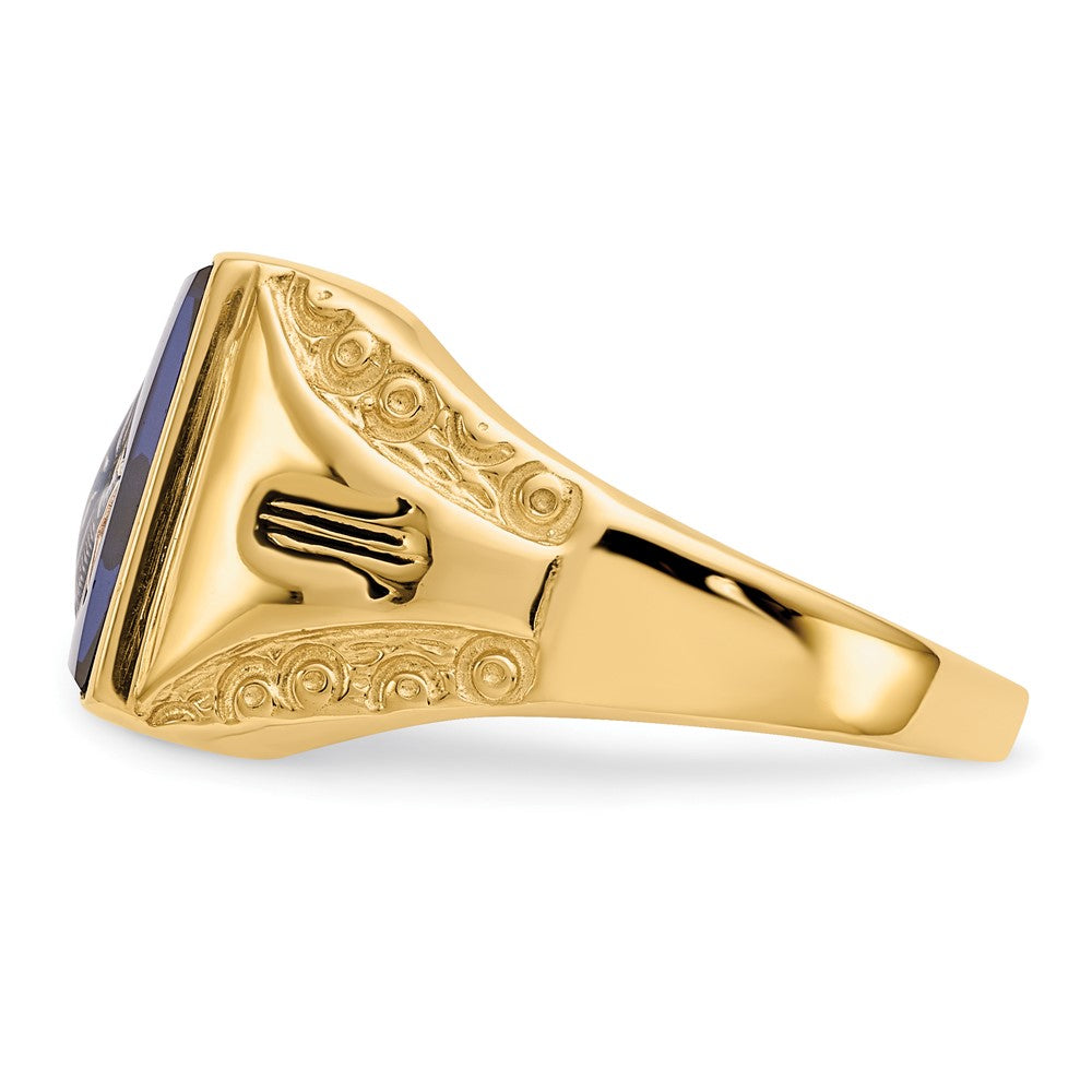 14k Yellow Gold Mens Polished Antiqued and Textured with Imitation Blue Spinel Masonic Ring