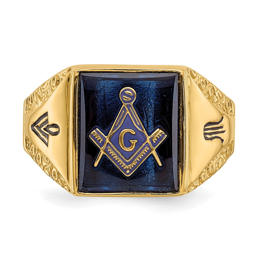 14k Yellow Gold Mens Polished Antiqued and Textured with Imitation Blue Spinel Masonic Ring
