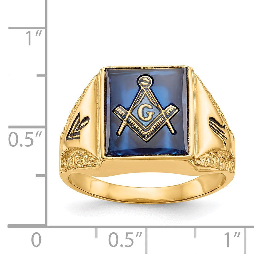 14k Yellow Gold Mens Polished Antiqued and Textured with Imitation Blue Spinel Masonic Ring