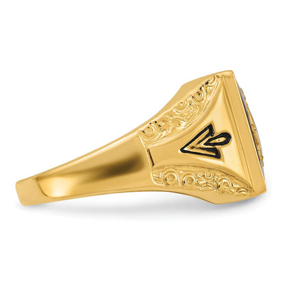 14k Yellow Gold Mens Polished Antiqued and Textured with Imitation Blue Spinel Masonic Ring