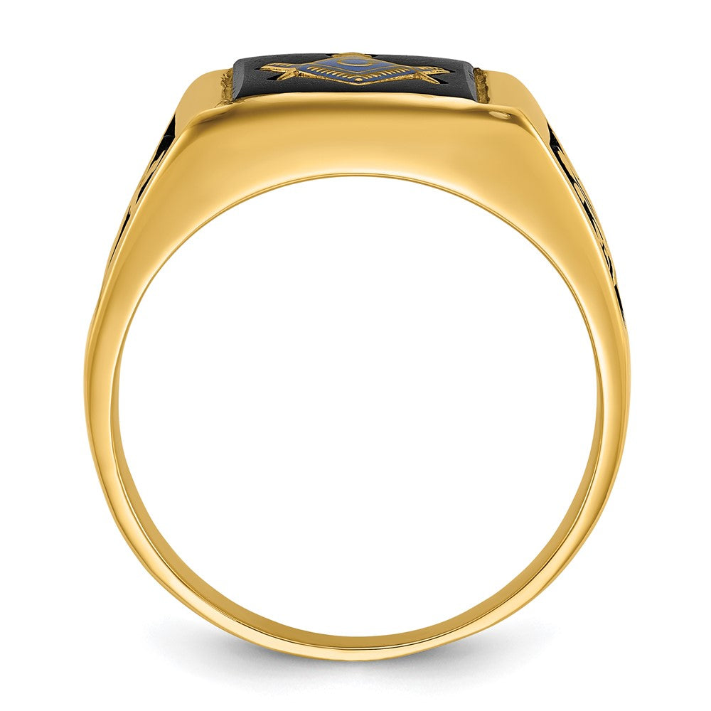 14k Yellow Gold Mens Polished and Textured with Black Enamel & Onyx Masonic Ring