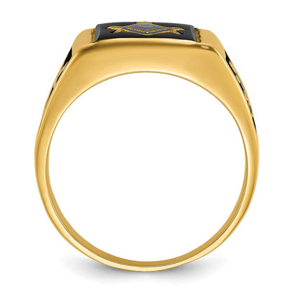 14k Yellow Gold Mens Polished and Textured with Black Enamel & Onyx Masonic Ring
