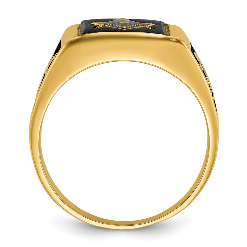14k Yellow Gold Mens Polished and Textured with Black Enamel & Onyx Masonic Ring