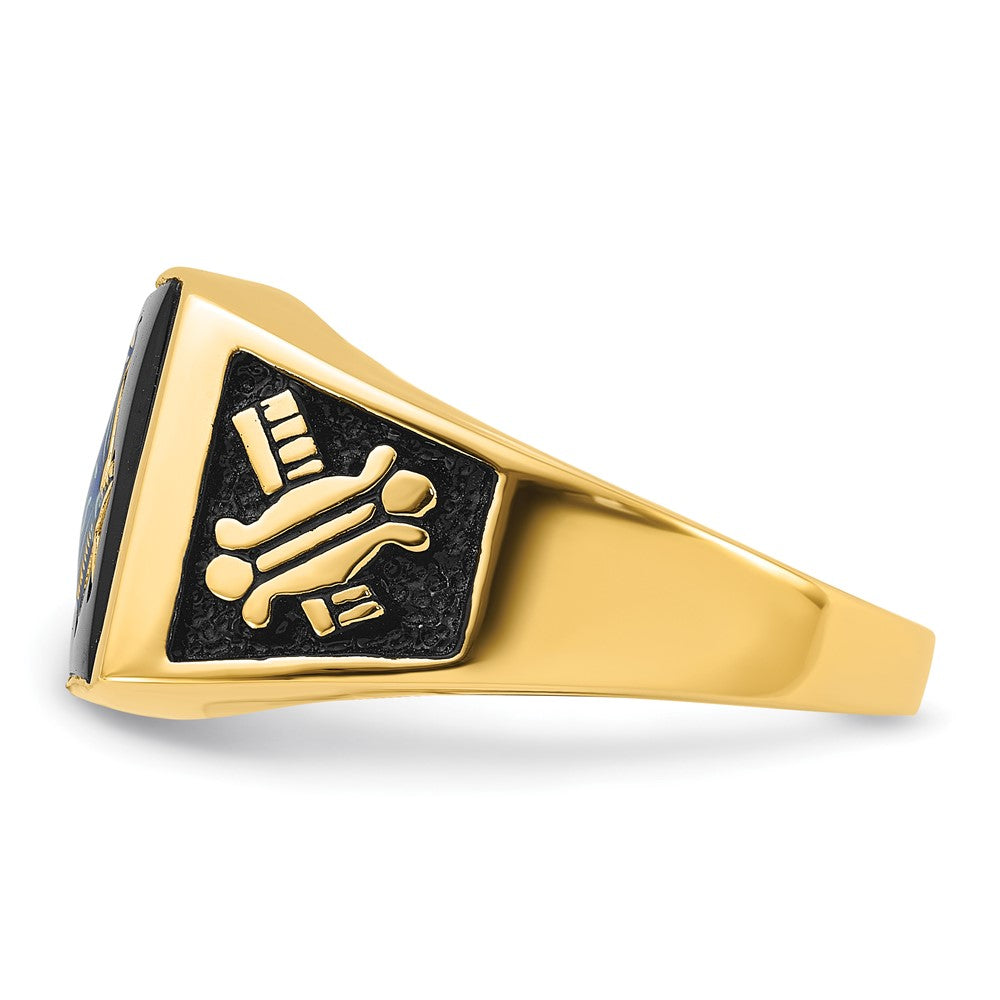 14k Yellow Gold Mens Polished and Textured with Black Enamel & Onyx Masonic Ring