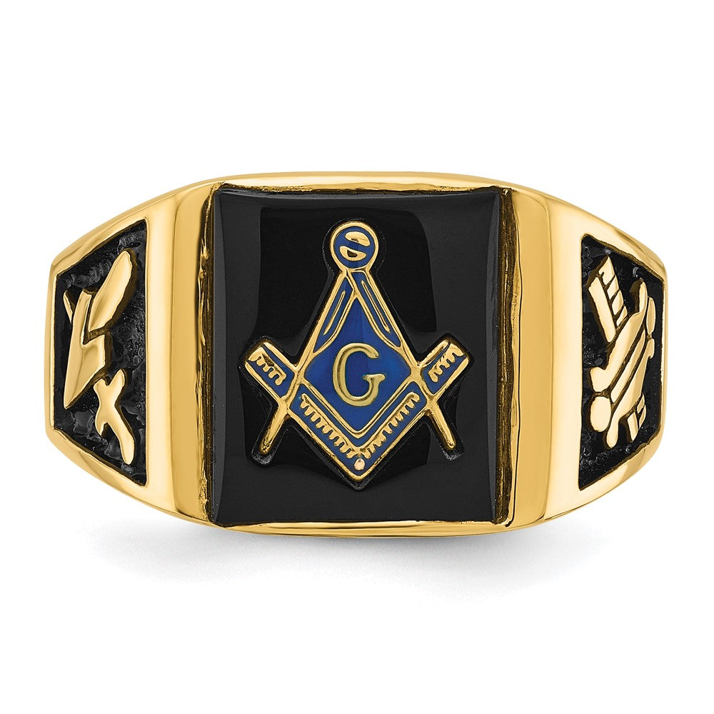 14k Yellow Gold Mens Polished and Textured with Black Enamel & Onyx Masonic Ring