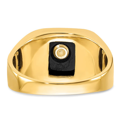 14k Yellow Gold Mens Polished and Textured with Black Enamel & Onyx Masonic Ring