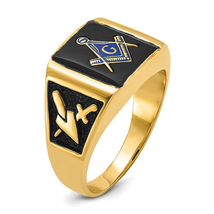 14k Yellow Gold Mens Polished and Textured with Black Enamel & Onyx Masonic Ring