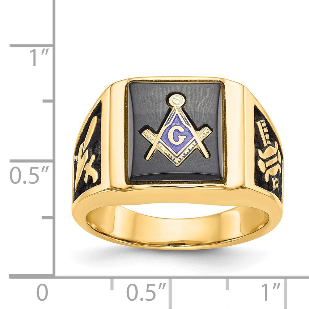 14k Yellow Gold Mens Polished and Textured with Black Enamel & Onyx Masonic Ring