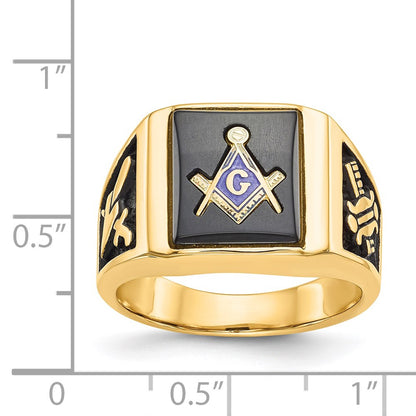 14k Yellow Gold Mens Polished and Textured with Black Enamel & Onyx Masonic Ring