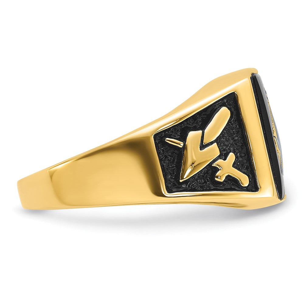 14k Yellow Gold Mens Polished and Textured with Black Enamel & Onyx Masonic Ring