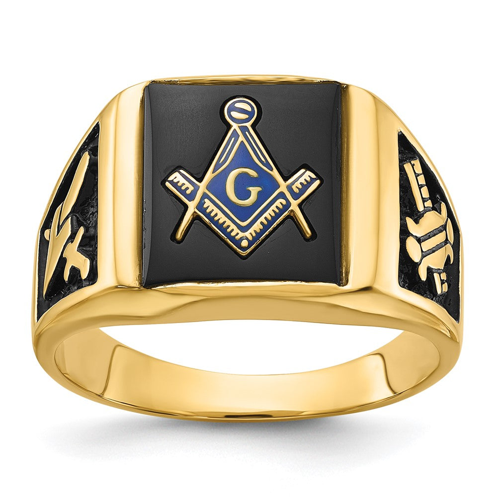 14k Yellow Gold Mens Polished and Textured with Black Enamel & Onyx Masonic Ring